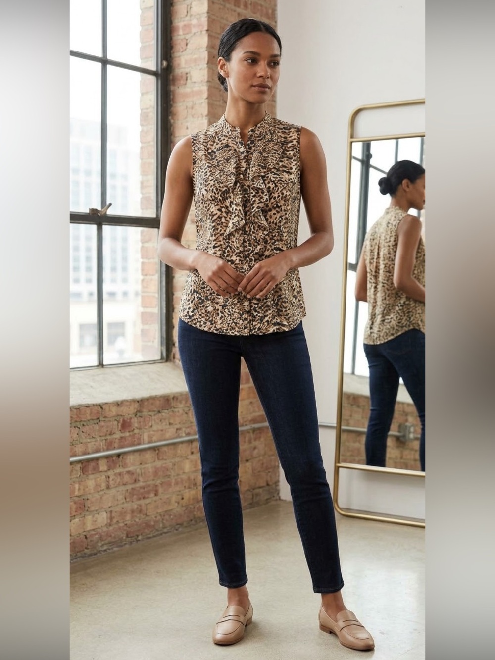 Lauren Ralph Lauren Leopard Print Ruffle Sleeveless Georgette Top Size 8